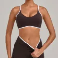 Color-blocked sports bra and yoga pants set, perfect for fitness, gym workouts, activewear. - S / Tops / Espresso