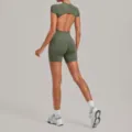 Olive green open back short sleeve yoga top and scrunched biker shorts fitness activewear set. - S / Top And Bottom / Khaki Green
