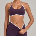 Women's activewear purple sports bra and yoga leggings set with white contrast trim for fitness. - S / Tops / Blackberry Purple