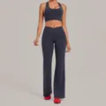 Dark Grey Cross Waist Yoga Set with Breathable Sports Bra and Stylish Flare Pants - S / Top And Bottom / Dark Blue Green