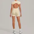 Backless Yoga Set Short Sleeve Top Ruched Shorts Light Beige Fitness Activewear Outfit - S / Top And Bottom / Creamy Apricot