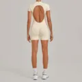 Beige backless fitness yoga jumpsuit for women, short sleeve activewear romper for gym workouts. - S / Set / Beige