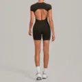 Black backless short sleeve yoga set fitness activewear bodysuit tight shorts for women - Dark Coffee
