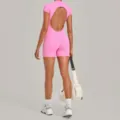 Pink open-back short sleeve yoga jumpsuit fitness activewear for women sport gym bodysuit - Baby Pink