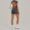 Dark grey open back yoga romper fitness activewear tight short jumpsuit for women variant - Charcoal Gray
