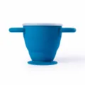 Foldable silicone baby snack cup with handles and suction base for portable feeding travel. - Blue