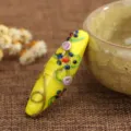 Yellow glazed long waist drum pendant DIY bead accessory with colorful floral patterns and gold wire. - Yellow Porcelain