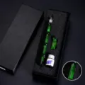 Ensemble stylo plume en verre style bambou vert avec flacon d'encre et coffret cadeau. - Petite Boîte Cadeau en Bambou / Vert