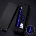 Set de stylo plume en verre bleu avec encre, porte-plume et coffret cadeau pour calligraphie. - Petite Boîte Cadeau en Bambou / Bleu