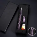 Coffret stylo plume en verre cristal violet, design bambou, flacon d'encre et coffret cadeau. - Petite Boîte Cadeau en Bambou / Rouge Raisin