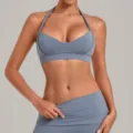 Halter Neck Sports Bra and Leggings Set for Women Fitness Yoga Gym Activewear Blue - S / Tops / Grey Blue