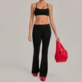 Zwarte sportbeha en uitlopende yogabroek set met omslagtal en fitnesskleding voor dames - S / Boven- En Onderstuk / Zwart