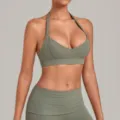 Olive green deep v halter yoga bra stylish backless fitness sports underwear for women - S / Tops / Basil Green