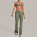 Green halter sports bra and fold-over waist flare yoga pants set for fitness and workout. - S / Top And Bottom / Basil Green