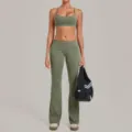 Dames olijfgroene yogaset uitlopende broek sportbeha fitnesskleding variant - S / Boven- En Onderstuk / Basilicumgroen