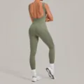 Olive green backless yoga jumpsuit for women, sleeveless fitness activewear romper. - S / Set (7919) / Pirate Green