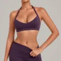 Purple halterneck sports bra and fitness top, stylish gym wear for running, yoga and active workouts. - Blackberry Purple