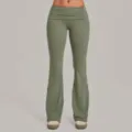 Olive green fold-over high-waisted flare yoga pants, quick-drying sports trousers for women. - S / Bottoms / Basil Green