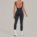 Black brushed yoga jumpsuit with deep backless design, ideal for running and gym. - S / Set (7919) / Black