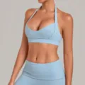Light Blue Halter Yoga Bra and Pants Set, Stylish V-Neck Activewear for Women Fitness - Tranquil Blue