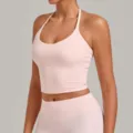 Pink halter fitness sports bra, stylish deep V neck athletic crop top for yoga training. - S / Tops / Ballet Pink