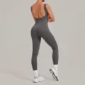Dark grey backless yoga bodysuit for women, seamless activewear jumpsuit for fitness and running. - S / Set (7919) / Charcoal Gray