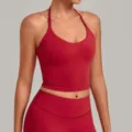 Red halter sports bra for women, deep V neck backless fitness tank top for yoga and pilates. - S / Tops / Ruby Red