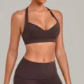 Deep V-neck halter yoga bra backless sports underwear for women fitness workout top - Dark Coffee