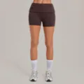 Dark brown folded high waist yoga shorts, stretchy fitness running sports activewear bottoms. - Dark Coffee