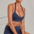 Deep V-neck halter sports yoga bra for women, backless athletic crop top for gym running fitness. - Medallion Blue