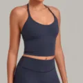 Women solid color halter sports bra, deep V neck crop top for fitness, yoga, and pilates workouts. - S / Tops / Dark Blue Green