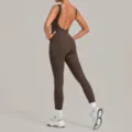 Women's brushed open back yoga jumpsuit, active fitness one-piece in dark brown variant - Brown Coffee