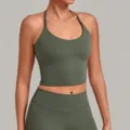 Σκούρο πράσινο halter fitness αθλητικό crop top γιόγκα και κολάν σετ για γυναίκες. - Χακί Πράσινο