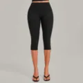 Solid black high-waisted yoga capri leggings for women, athletic fitness workout pants. - S / Bottoms / Black