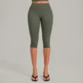 Women's high-waisted tummy control crop yoga leggings, olive green fitness capris. - S / Bottoms / Khaki Green