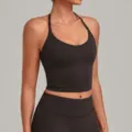 Μαύρο halter fitness αθλητικό crop top για γιόγκα, πιλάτες και προπόνηση στο γυμναστήριο. - Σκούρος Καφές