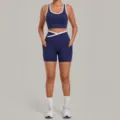 Dunkelblaues Fitness Yoga Set mit Kontrastbesatz Crop Top und Shorts mit Taschen Training. - S / Oberteil Und Unterteil / Marineblau