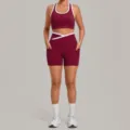 Weinrotes Sport-BH und High-Waist-Shorts Yoga-Set mit Kontrastbesatz fur Damen Fitness Sport - Retro Kupfer
