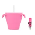 Pink silicone baby snack cup with straw double handles and strap portable toddler food container - Pink (with Lanyard & Straw)
