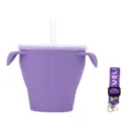 Purple silicone baby snack cup with straw, double handles and strap, portable variant. - Purple (with Lanyard & Straw)