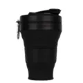 Portable collapsible silicone cup with carabiner, travel coffee mug for outdoor activities. - Black