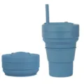 Portable folding silicone straw cup, collapsible travel water bottle for outdoor sports. - Pure Blue (with Straw)