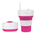 Folding silicone straw cup collapsible travel outdoor sports cup in pink and white color variant - White + Rose Red (With Straw)