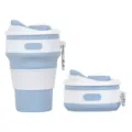 Portable collapsible silicone coffee cup, reusable travel tea mug with lid and hook. - Light Blue with Carabiner