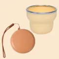 Φορητό αναδιπλούμενο ποτήρι σιλικόνης 200ml με χείλος από ανοξείδωτο χάλυβα και λουράκι - Μπεζ