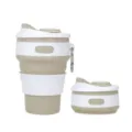 Collapsible silicone coffee cup, portable telescopic travel mug with lid and hook. - Khaki with Carabiner