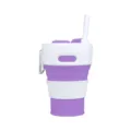 Tragbarer violetter Silikon-Faltkaffebecher mit Strohhalm und Karabiner für unterwegs. - 450ml / Weiß Lila