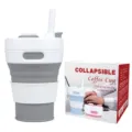 Zusammenklappbarer Silikon Kaffeebecher, tragbare Reise Wasserflasche mit Strohhalm Deckel. - 450ml / Grau
