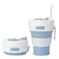 Tasse pliante en silicone portable, mug de voyage télescopique avec paille et crochet - Bleu clair