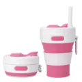 Gobelet pliante en silicone portable avec paille et crochet pour voyage rose et blanc. - Rose